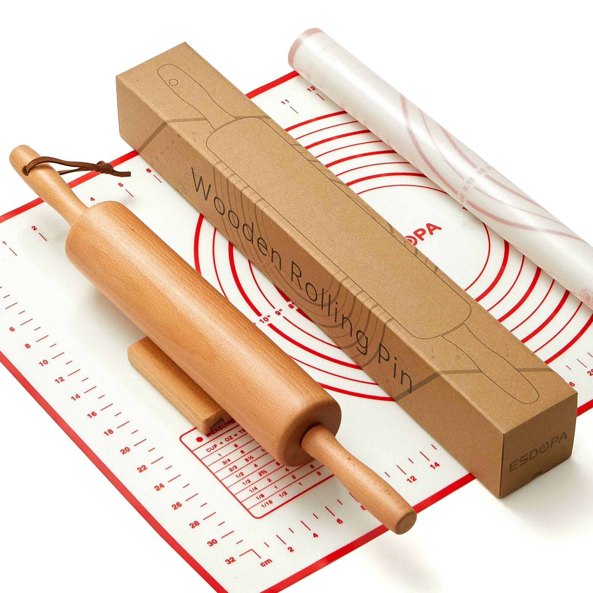 ESDOPA front view of 17-inch rolling pin showing full wooden barrel and handles benefits even rolling