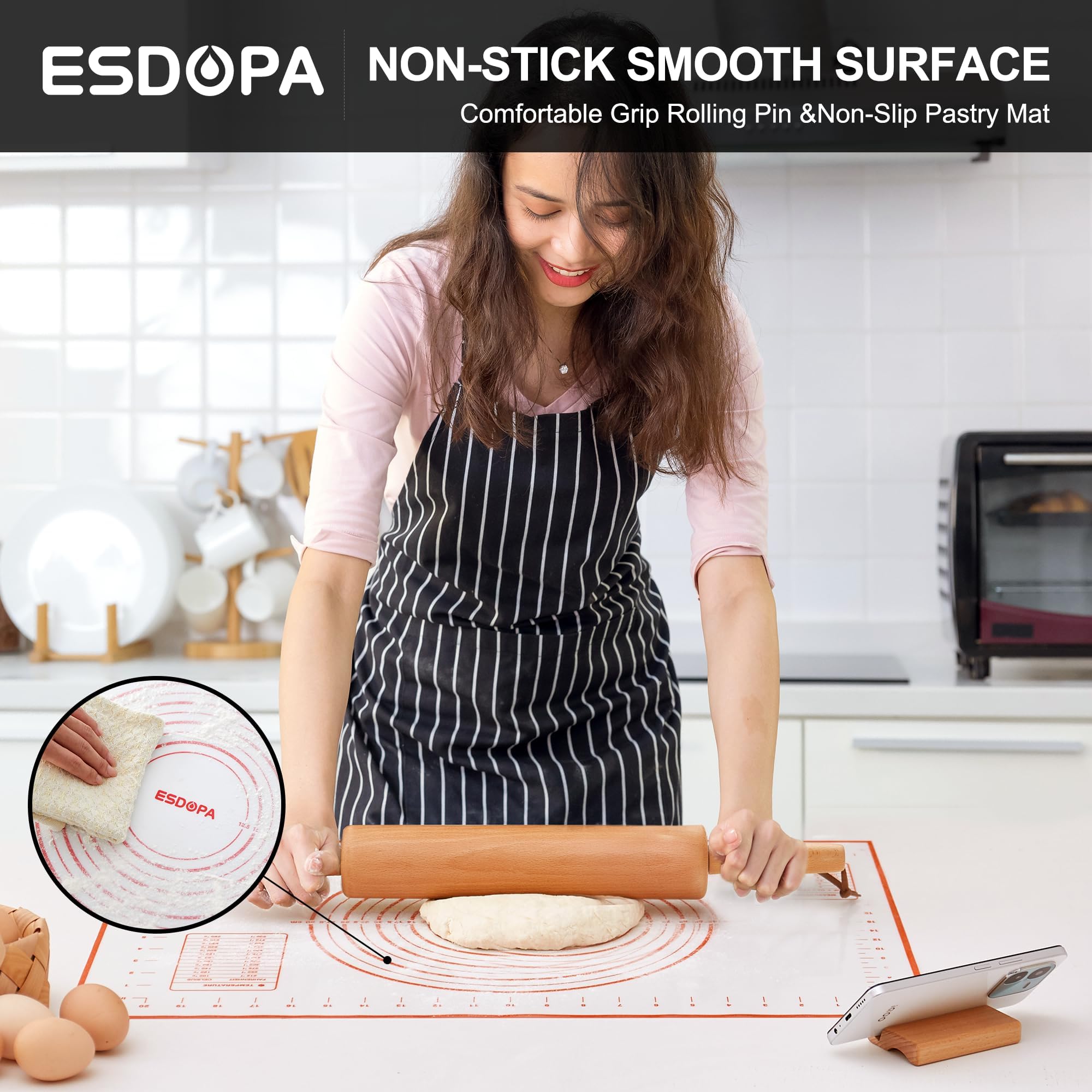 ESDOPA rolling pin next to ruler showing 17-inch length for large doughs and wider coverage