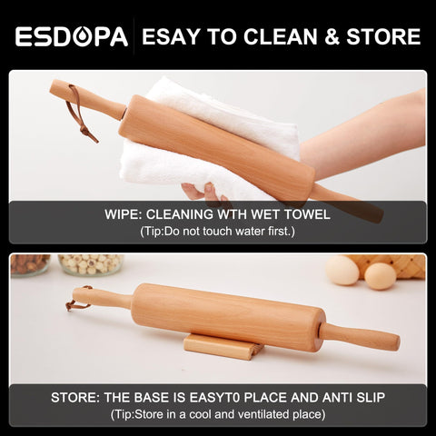 ESDOPA wooden stand holding rolling pin and phone demonstrating tidy storage and recipe viewing