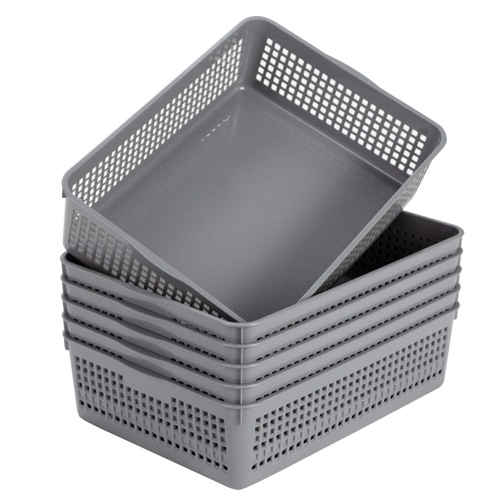Eslite front view showing six gray baskets for tidy storage