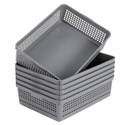 Eslite front view showing six gray baskets for tidy storage