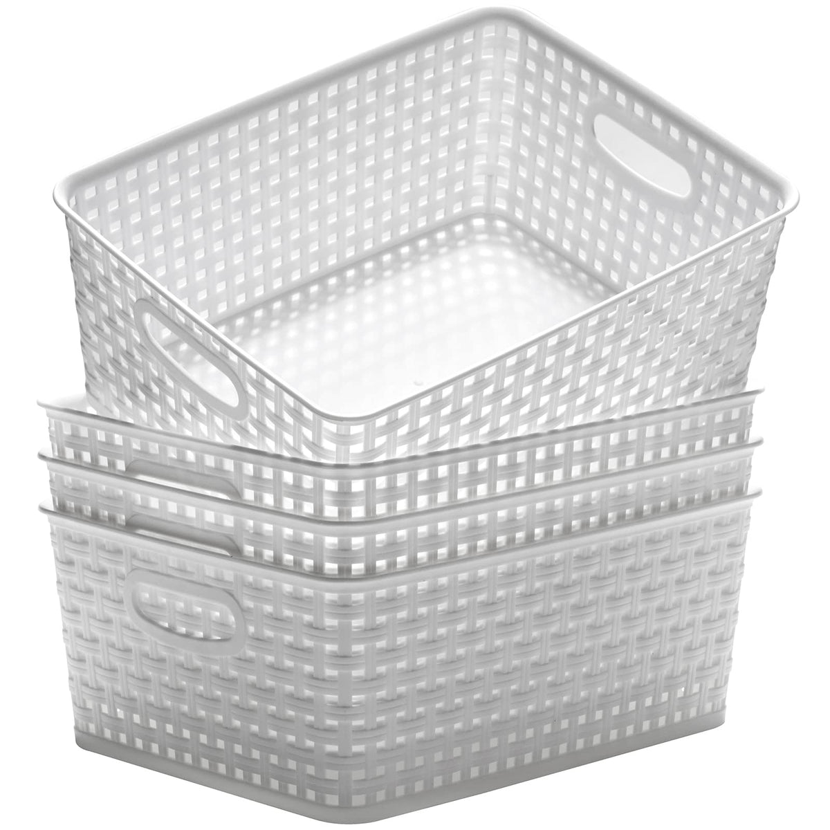 Eslite front view of four white plastic storage baskets showing pack convenience