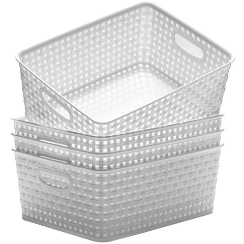 Eslite front view of four white plastic storage baskets showing pack convenience