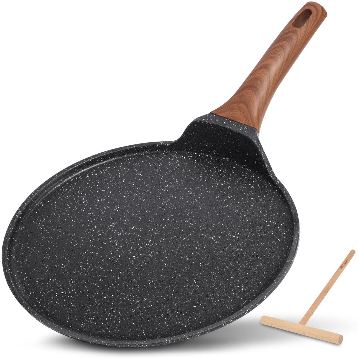 ESLITE LIFE front view of 11-inch crepe pan showing low rim and black finish for easy flipping