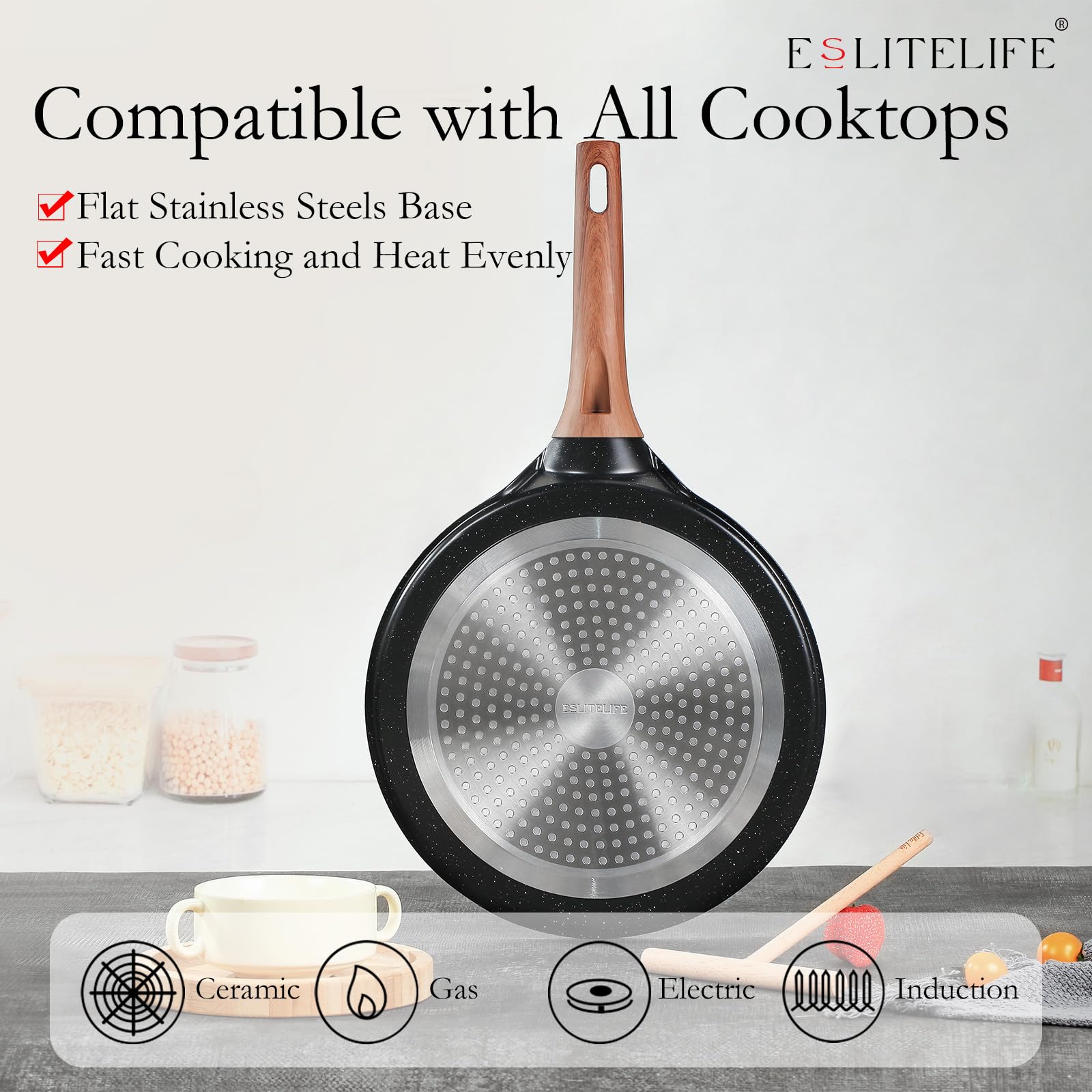 ESLITE LIFE close-up of granite nonstick surface highlighting easy-release cooking benefit