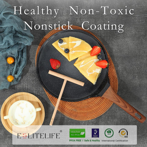 ESLITE LIFE crepe pan in use flipping a crepe to show smooth release and even browning