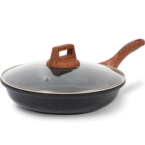 ESLITE LIFE front view of 8-inch skillet with lid showing sleek finish and benefits
