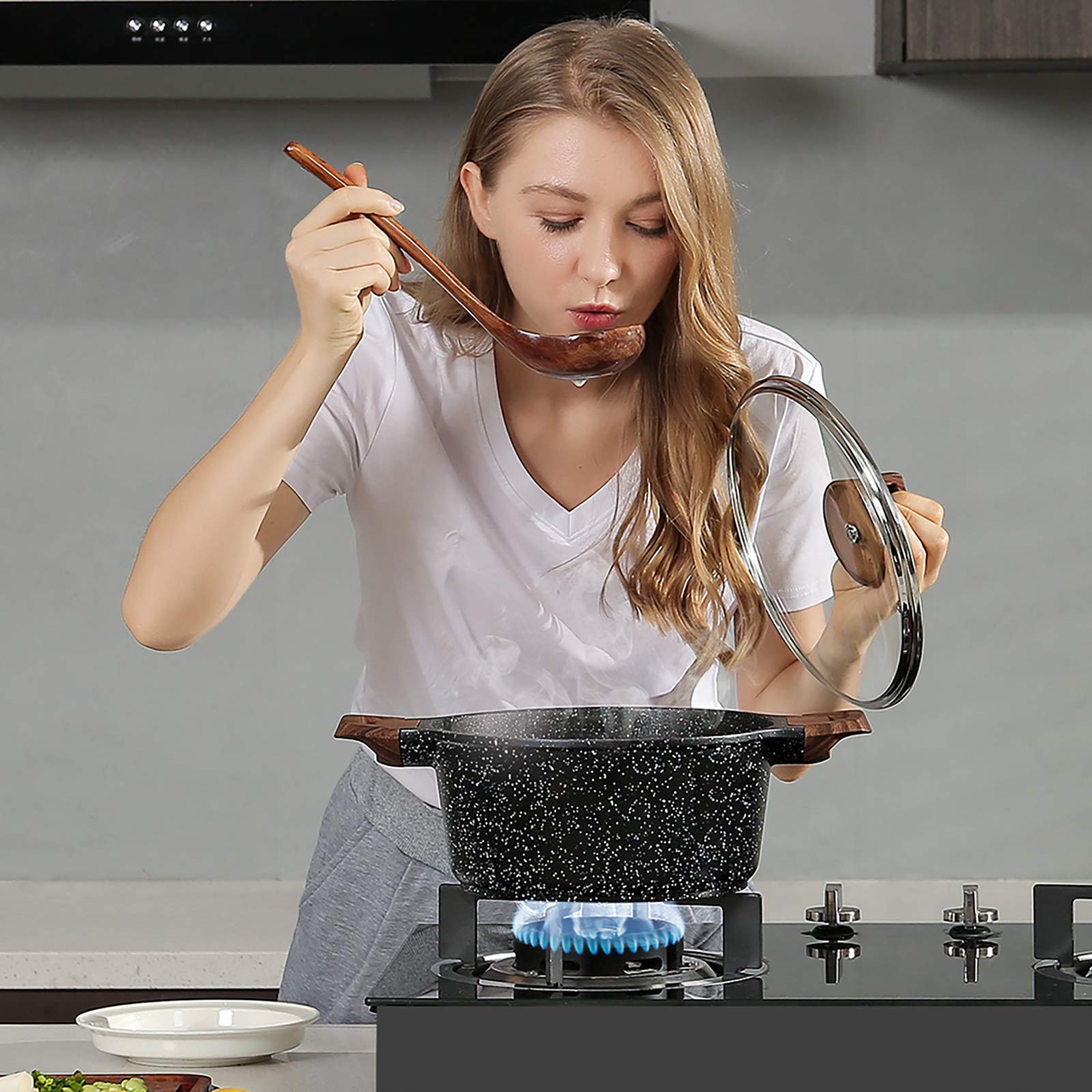 ESLITE LIFE tempered glass lid close-up for visible cooking without heat loss benefit