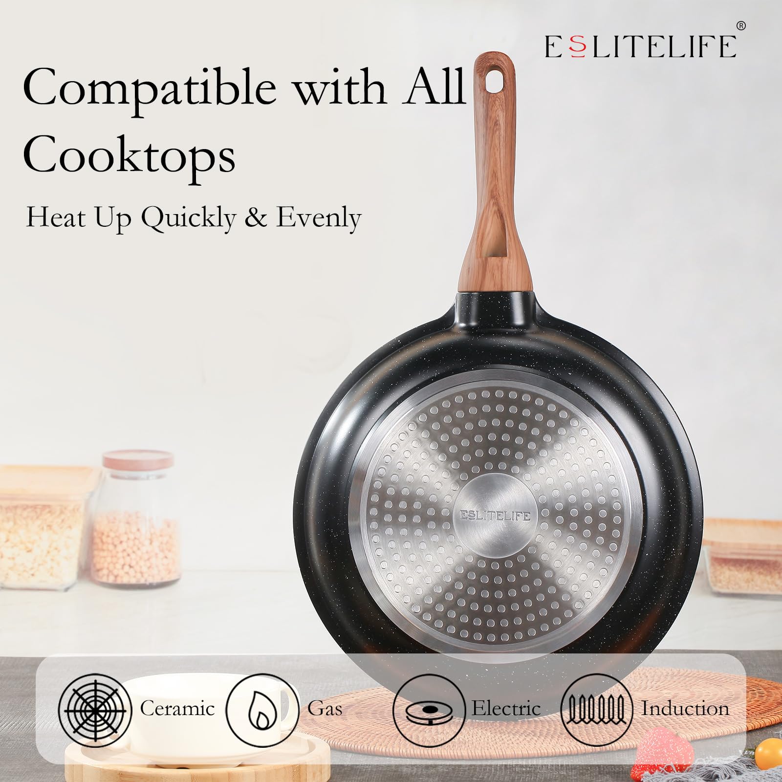 ESLITE LIFE heat-resistant bakelite handle close-up showing secure grip and safety