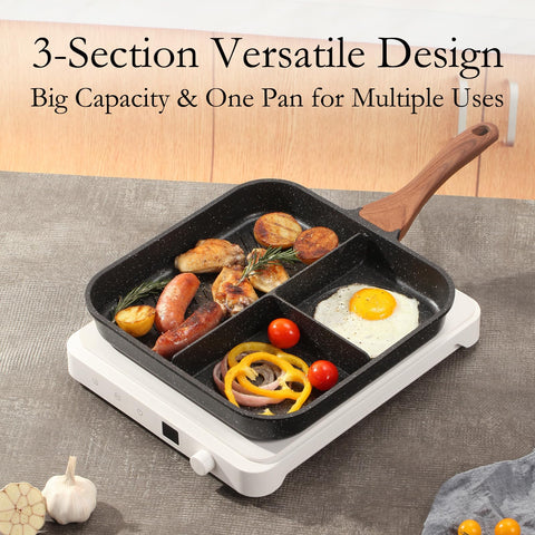 Lifestyle shot of ESLITE LIFE pan cooking bacon, eggs and toast showcasing time-saving multi-cooking