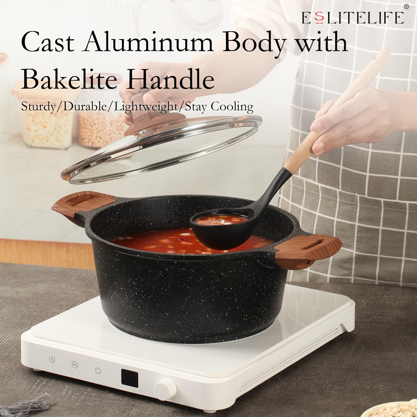 ESLITE LIFE stock pot on stovetop simmering soup to show reliable heat distribution benefit