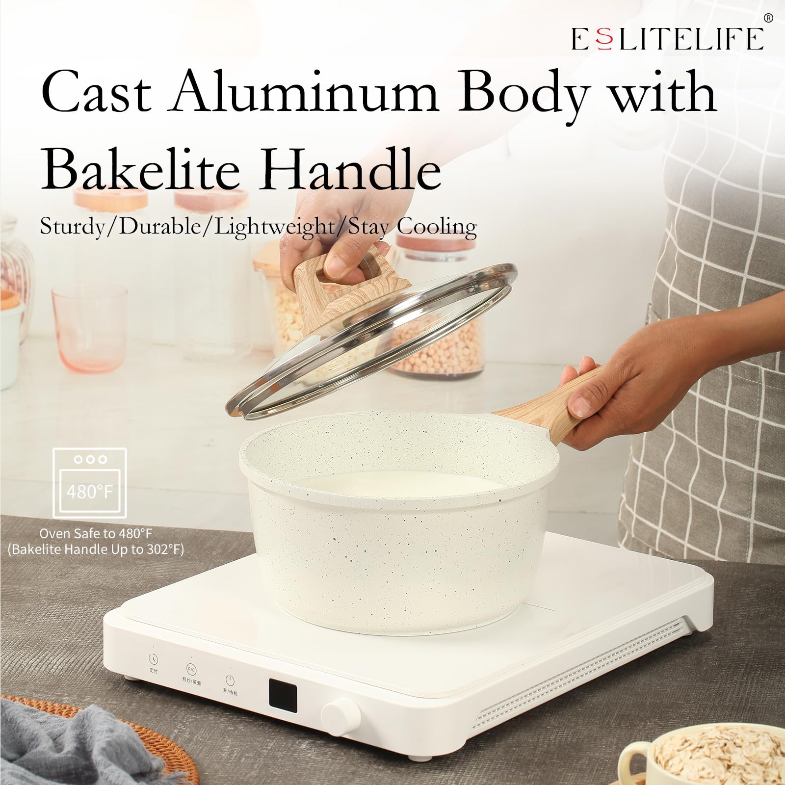 ESLITE LIFE saucepan in use with simmering sauce, demonstrates nonstick easy-release benefit