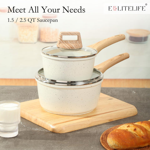 ESLITE LIFE packaging and product labels showing PFOA-free certification and warranty