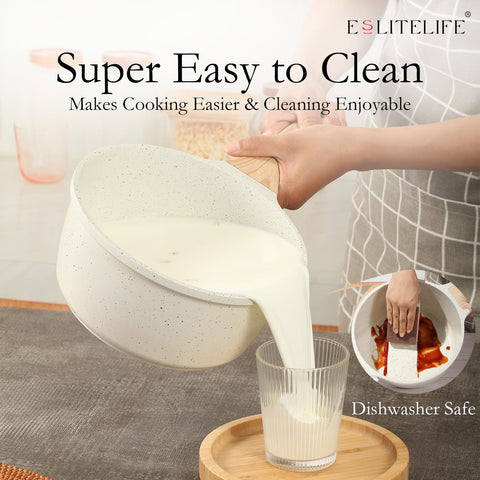 ESLITE LIFE saucepan on counter next to utensils showing compact 1.5 QT scale