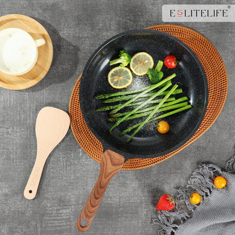 ESLITE LIFE skillet next to spatula for scale showing compact size and portability