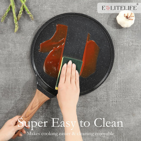 ESLITE LIFE pan with pancake for size comparison illustrating 9.5-inch cooking area benefit