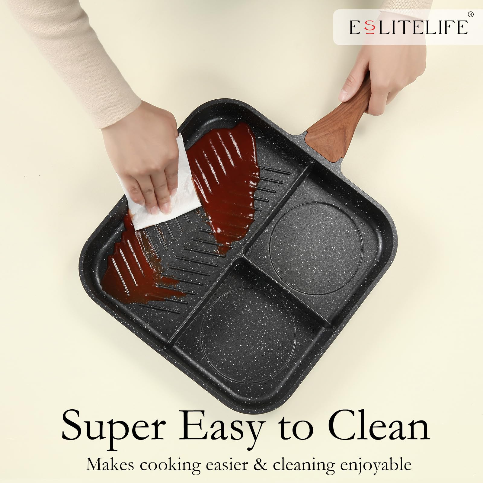 ESLITE LIFE pan beside utensils and plate to show real-world scale and kitchen-ready versatility