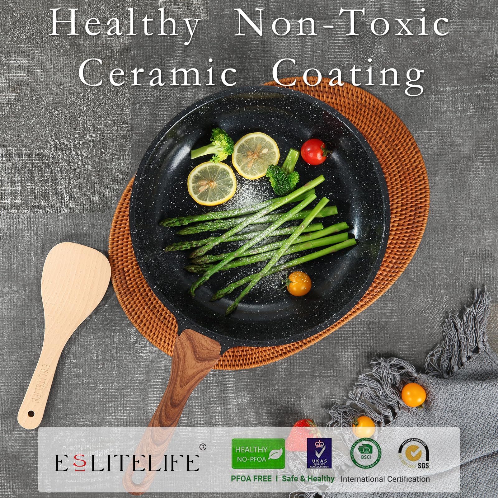 ESLITE LIFE tempered glass lid detail showing steam vent and visibility benefits