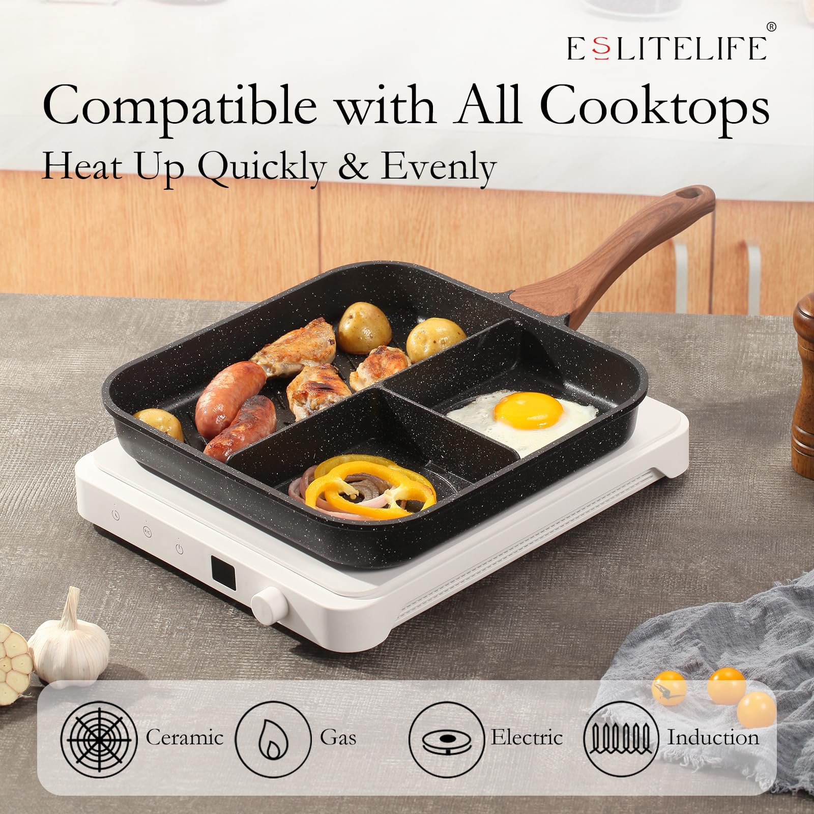 Top-down of ESLITE LIFE divided 3-in-1 compartments demonstrating simultaneous cooking convenience