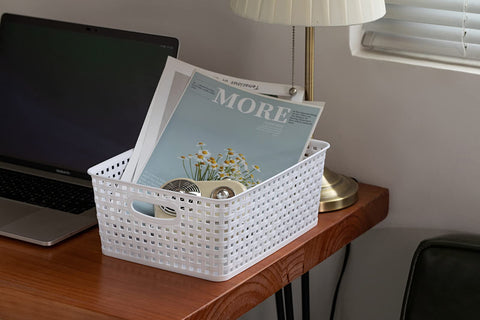 Eslite two baskets stacked on shelf demonstrating space-saving modularity