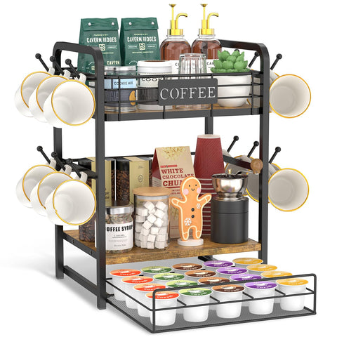 EsLuker.ly front view of the assembled coffee bar station showing organized storage benefit