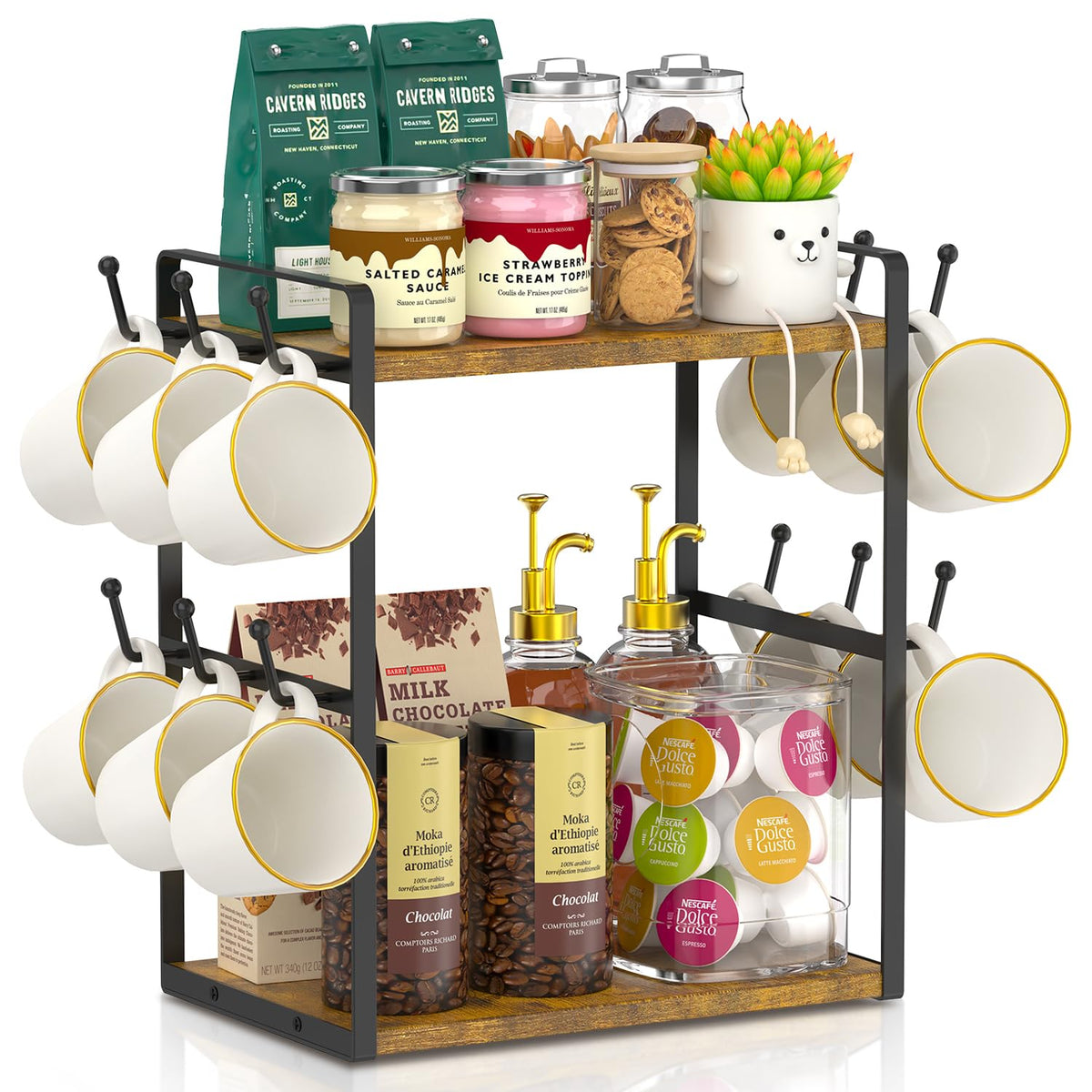 EsLuker.ly front view of wooden coffee station showing organized storage benefit