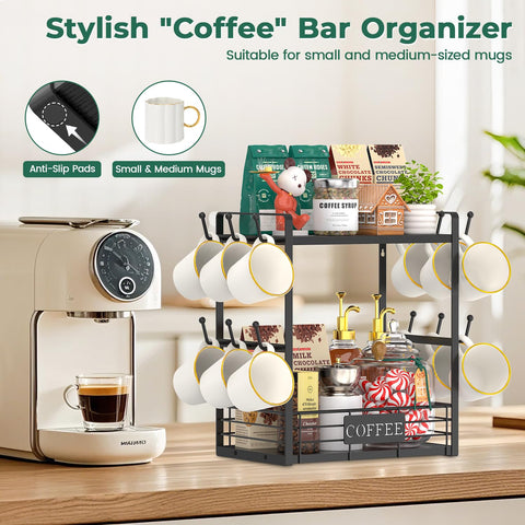 EsLuker.ly organizer beside a standard mug showing scale and saving counter space benefit