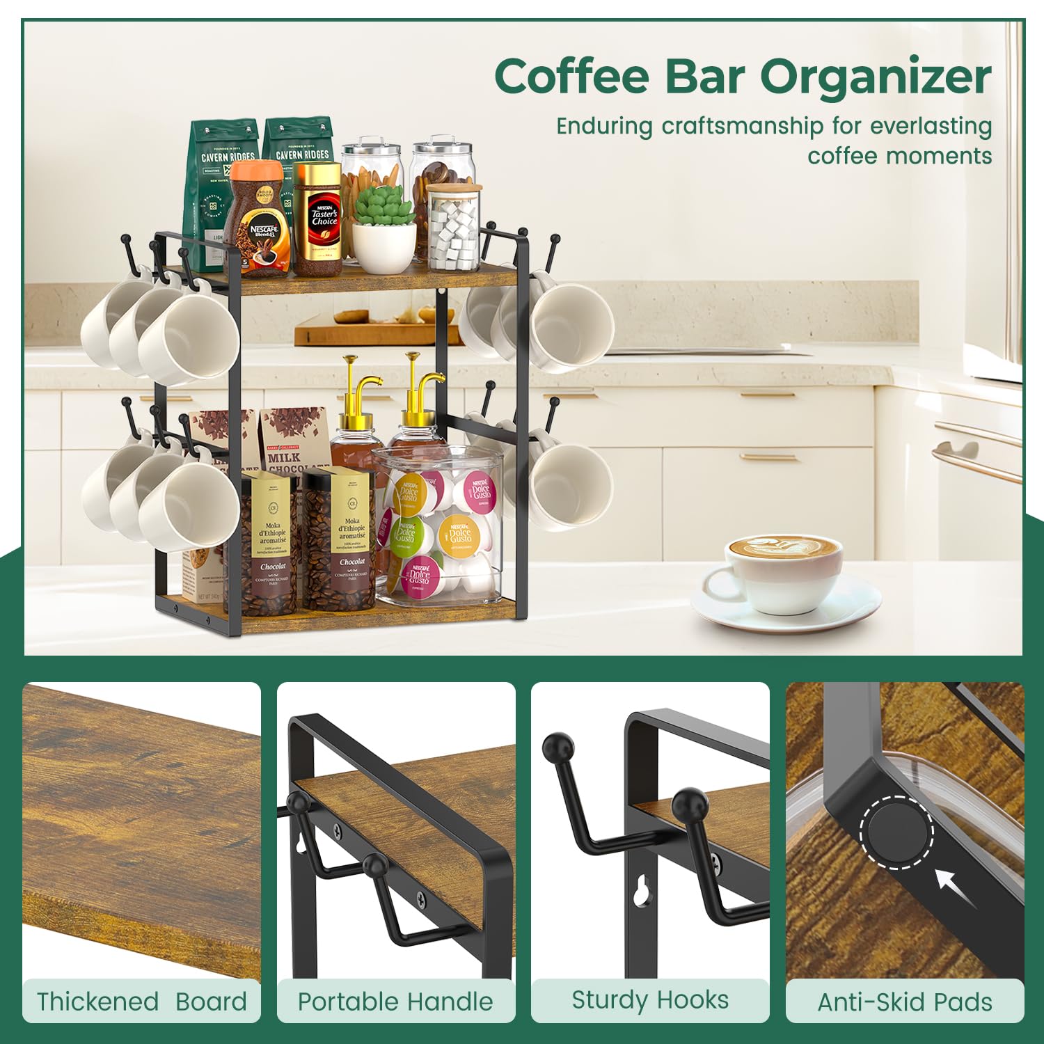 EsLuker.ly two-tier shelves with mugs demonstrating space-saving benefit