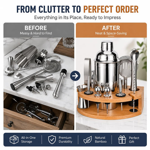 Esmula bar tools on marble countertop lifestyle setup for easy entertaining