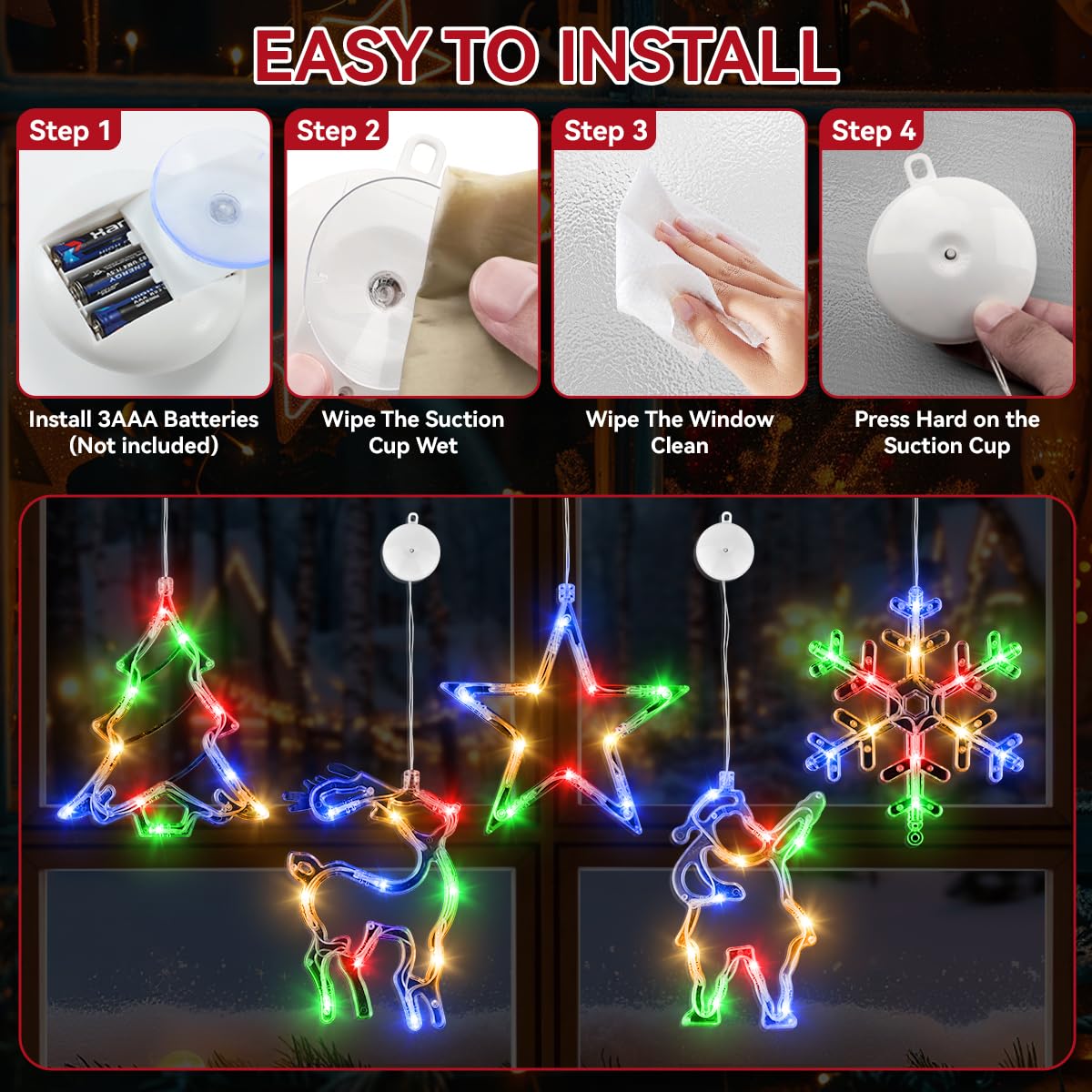 Esnendir tree and reindeer lights mounted on glass showing visible outdoor charm