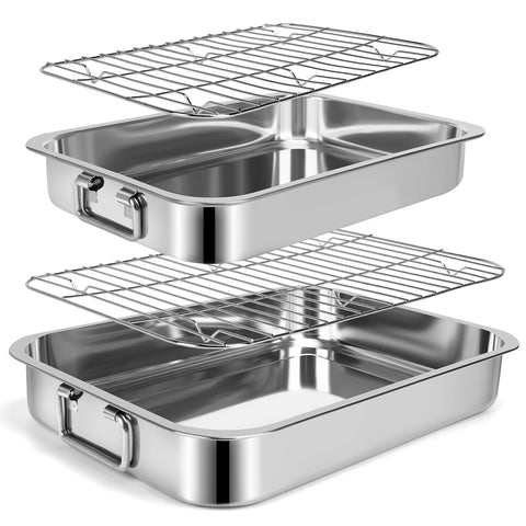EsOfficce front view of both stainless steel roasting pans showing handles and two racks for convenient serving