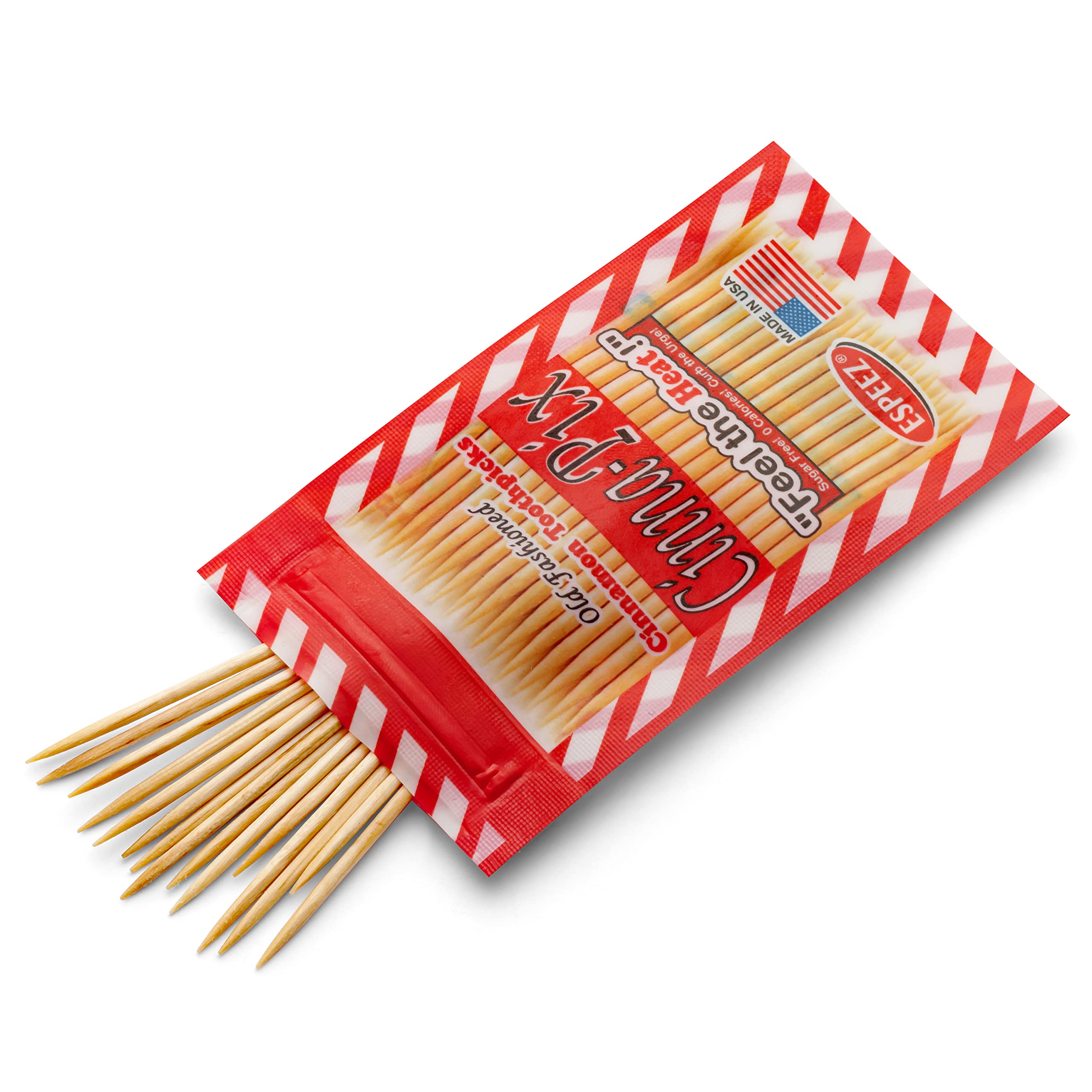 Espeez toothpick close-up showing cinnamon coating for intense spicy flavor
