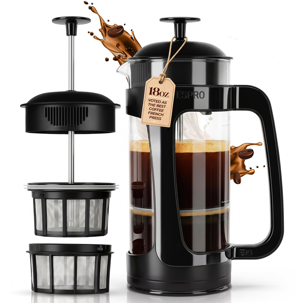ESPRO P3 front view showing sleek black frame and carafe for stylish counter appeal