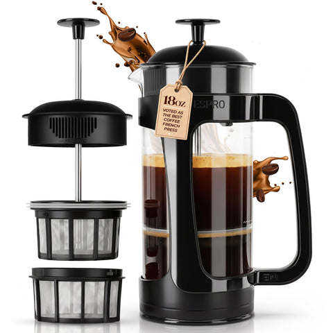 ESPRO P3 front view showing sleek black frame and carafe for stylish counter appeal