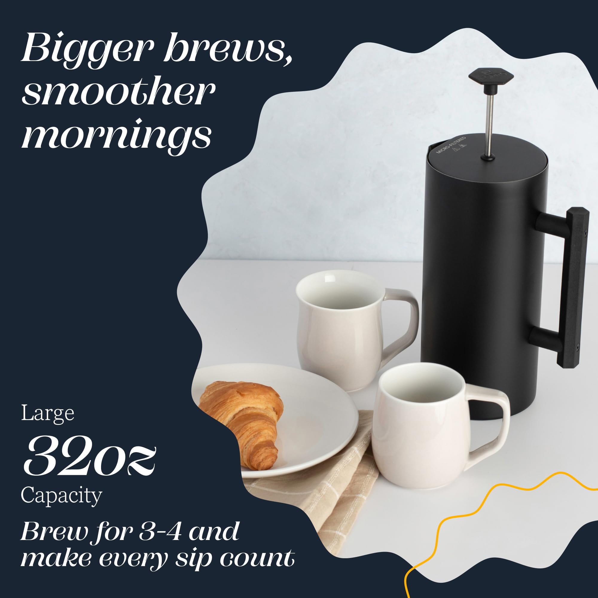 ESPRO P6 beside a standard mug conveying 32-ounce capacity and portion reference