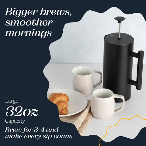 ESPRO P6 beside a standard mug conveying 32-ounce capacity and portion reference