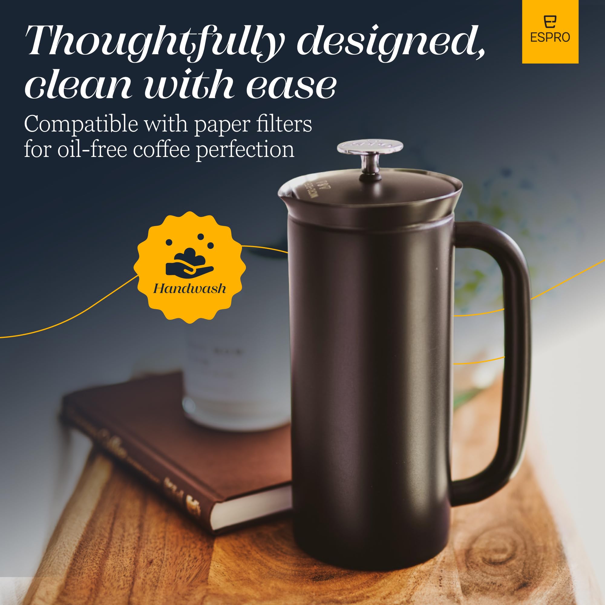 ESPRO P7 on a camping table with gear, rugged and portable brewing benefit