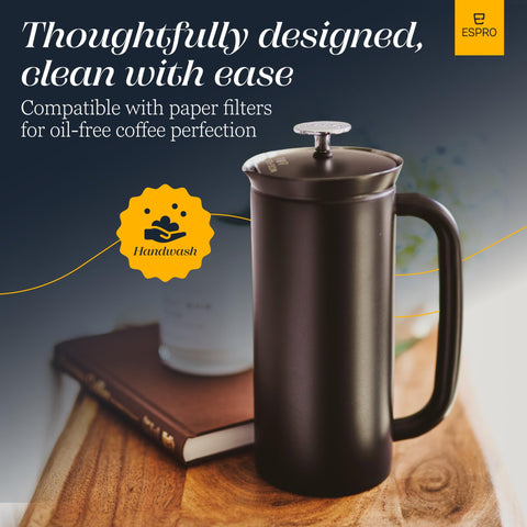 ESPRO P7 on a camping table with gear, rugged and portable brewing benefit