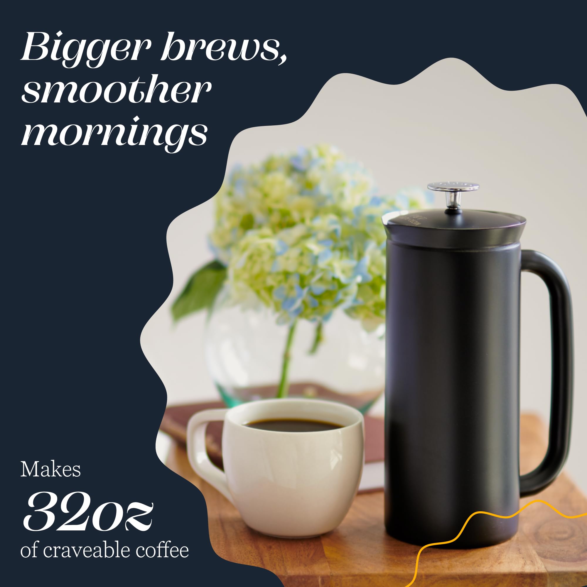 ESPRO P7 beside standard mug to show 32oz capacity, brews multiple cups benefit
