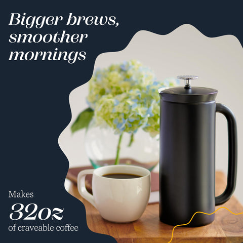 ESPRO P7 beside standard mug to show 32oz capacity, brews multiple cups benefit