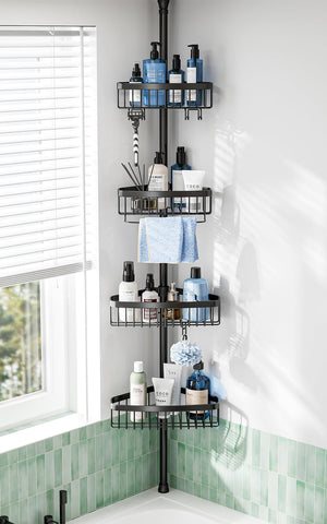 ESSEME front view of 4-tier shower caddy showing organized bottles and space-saving benefit