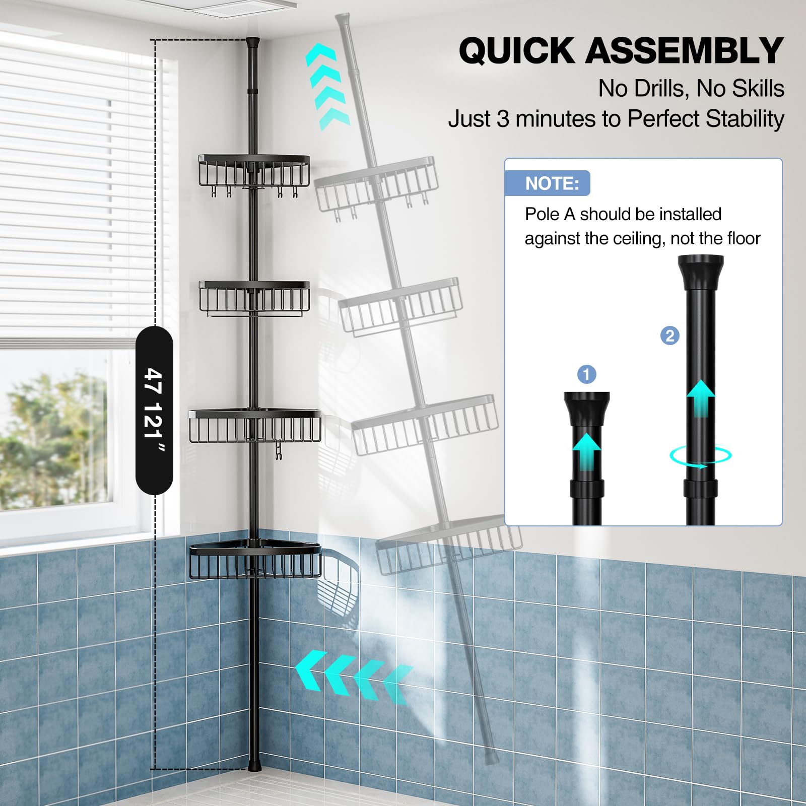 ESSEME height adjustment pole beside ruler showing telescoping fit for ceilings
