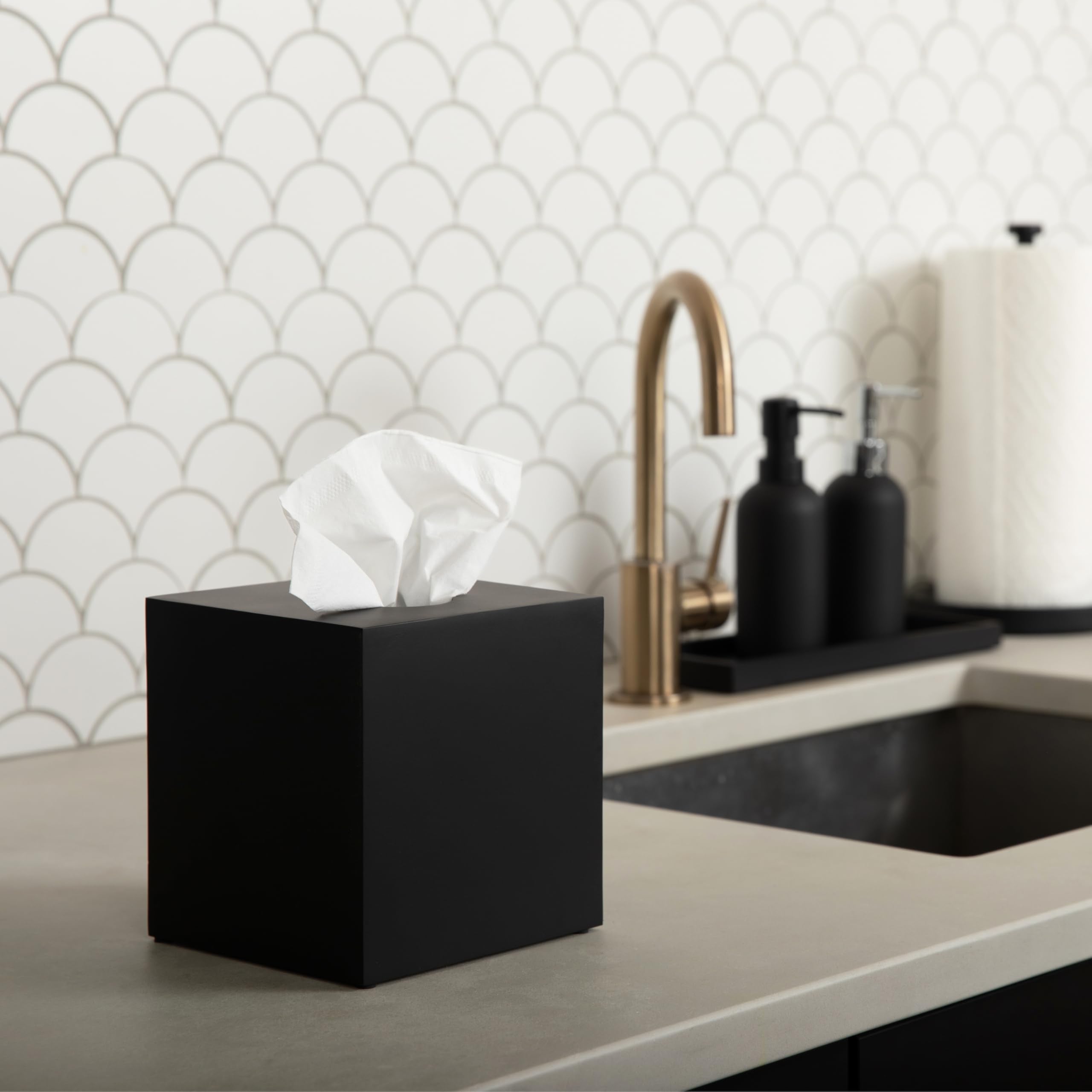 Essentra Home matte black cover lifted to show substantial weight and sturdy polyresin material