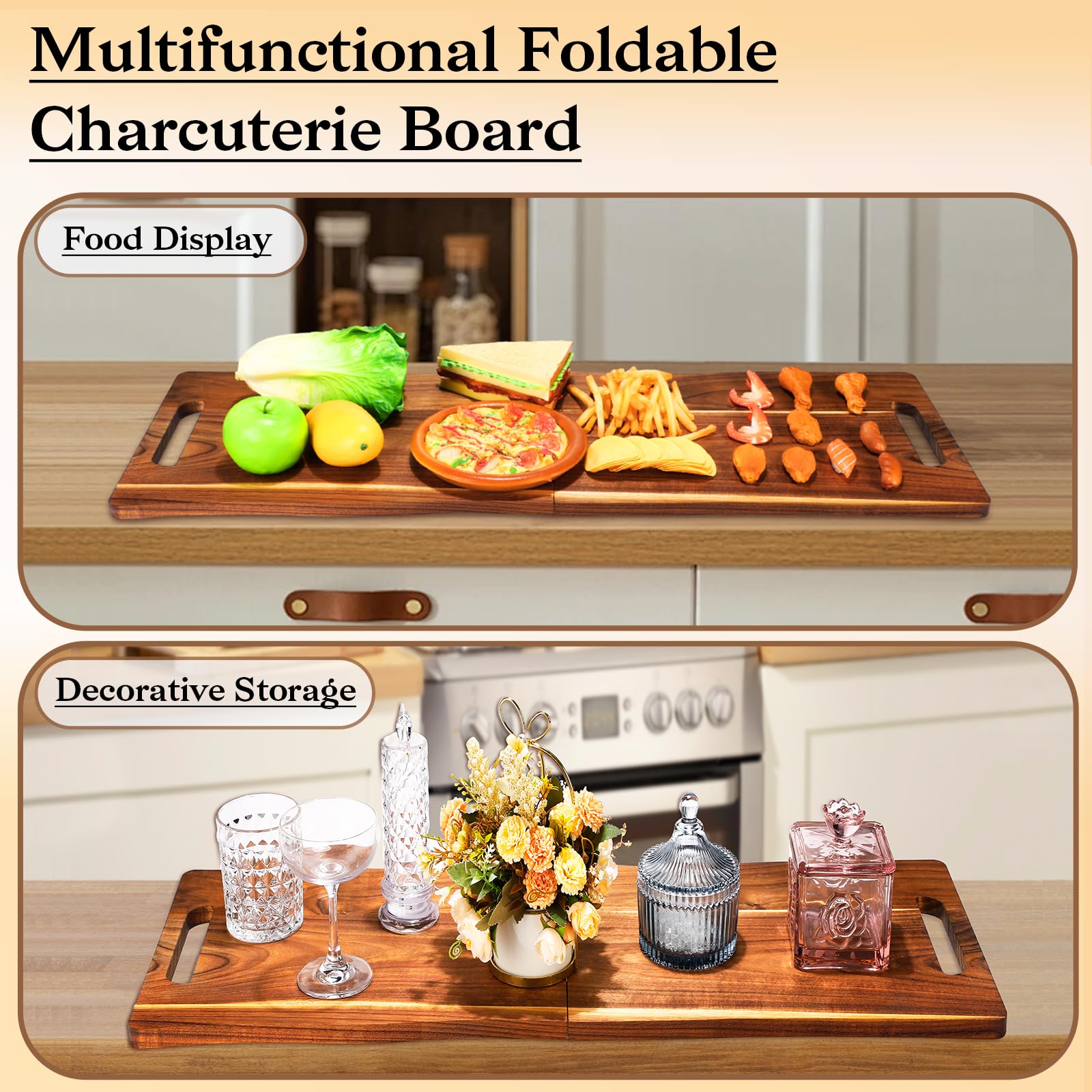 Essenya board next to plate showing scale and large 33x12 inch serving advantage