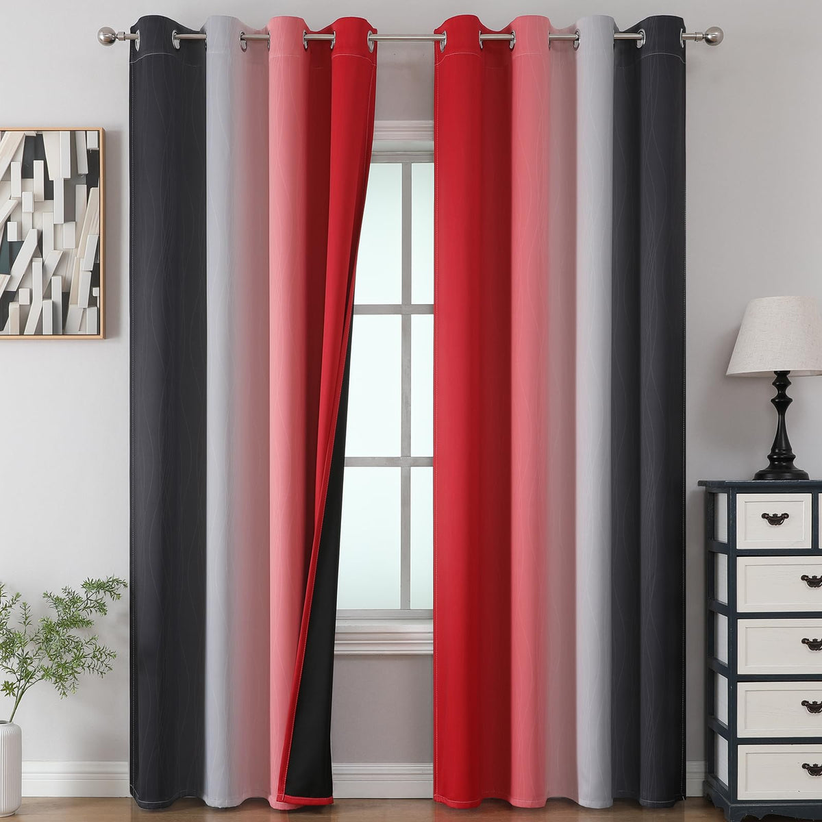 Estelar Textiler front view ombre curtains showing red to black gradient and modern look