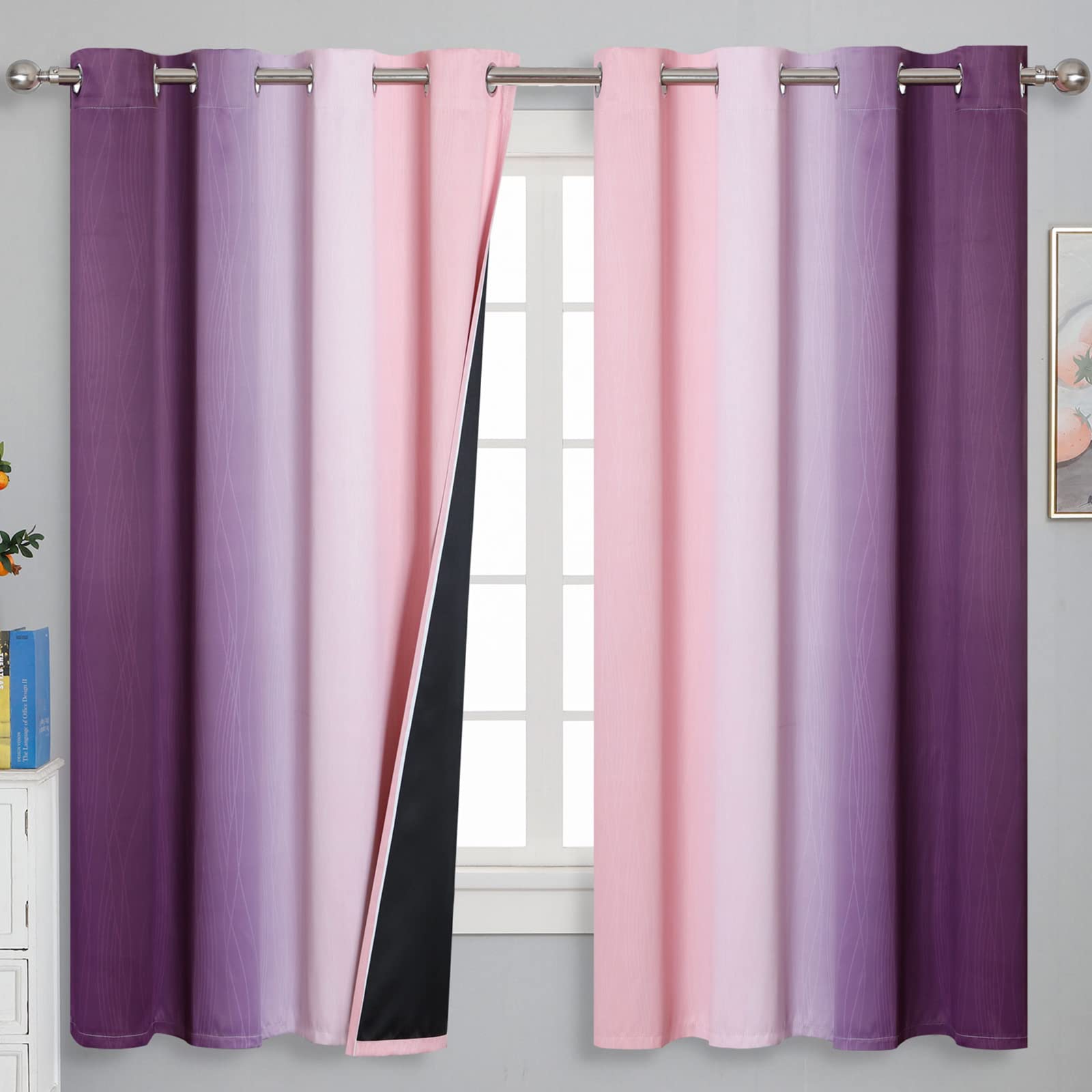 Estelar Textiler front view showing pink and purple ombre curtains adding color