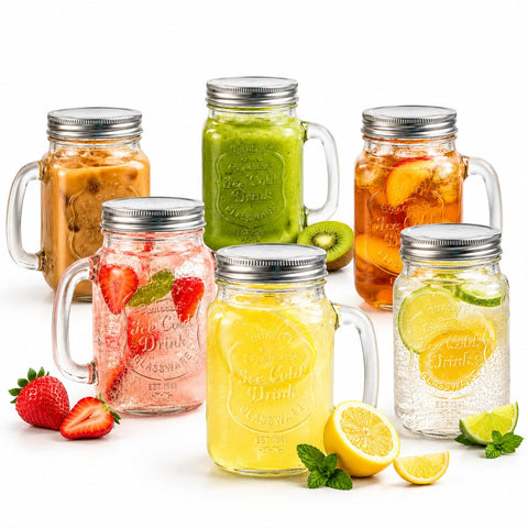 Estilo front packaging showing six mason jar glasses and brand