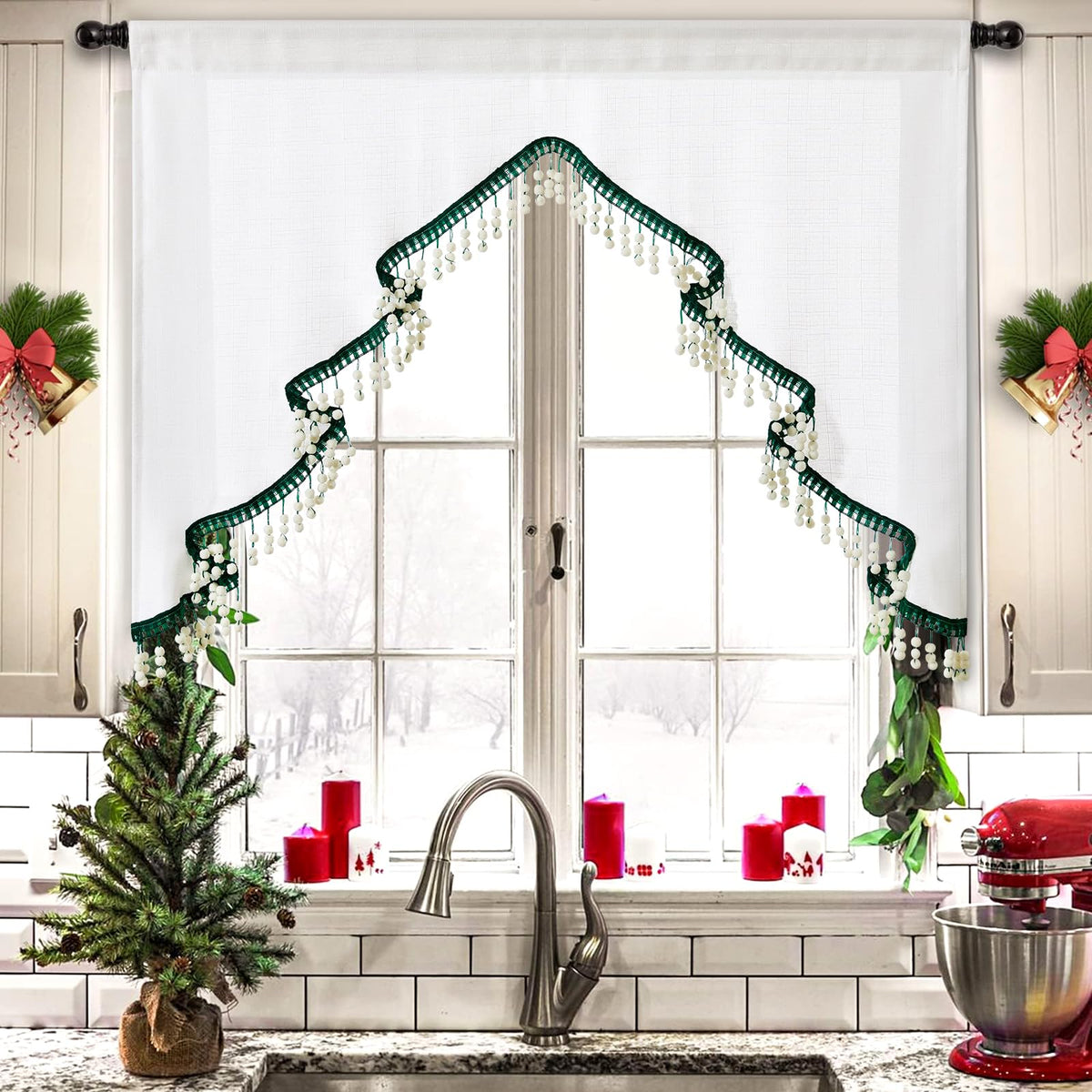 Estmy front panel showing tree print and boho tassels for festive charm