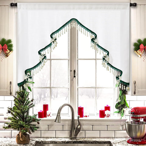 Estmy front panel showing tree print and boho tassels for festive charm
