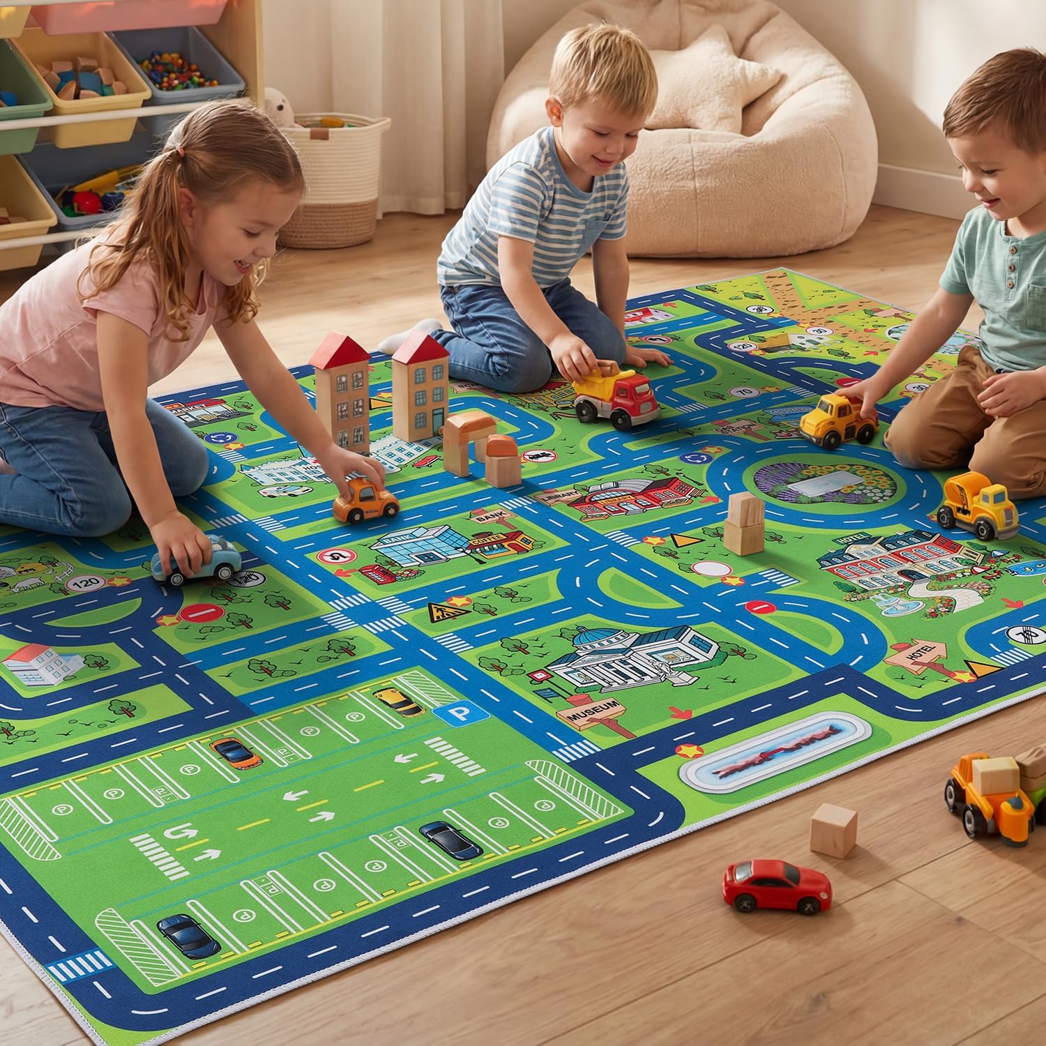 Esup front view 4x6 car rug showing full playful layout and safe padding